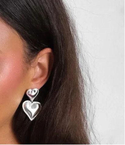 Selene “Silver” Double Heart Drop Earrings