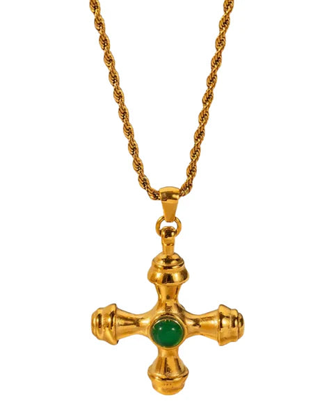 Nesh Green Agate Stone Vintage Cross Necklace